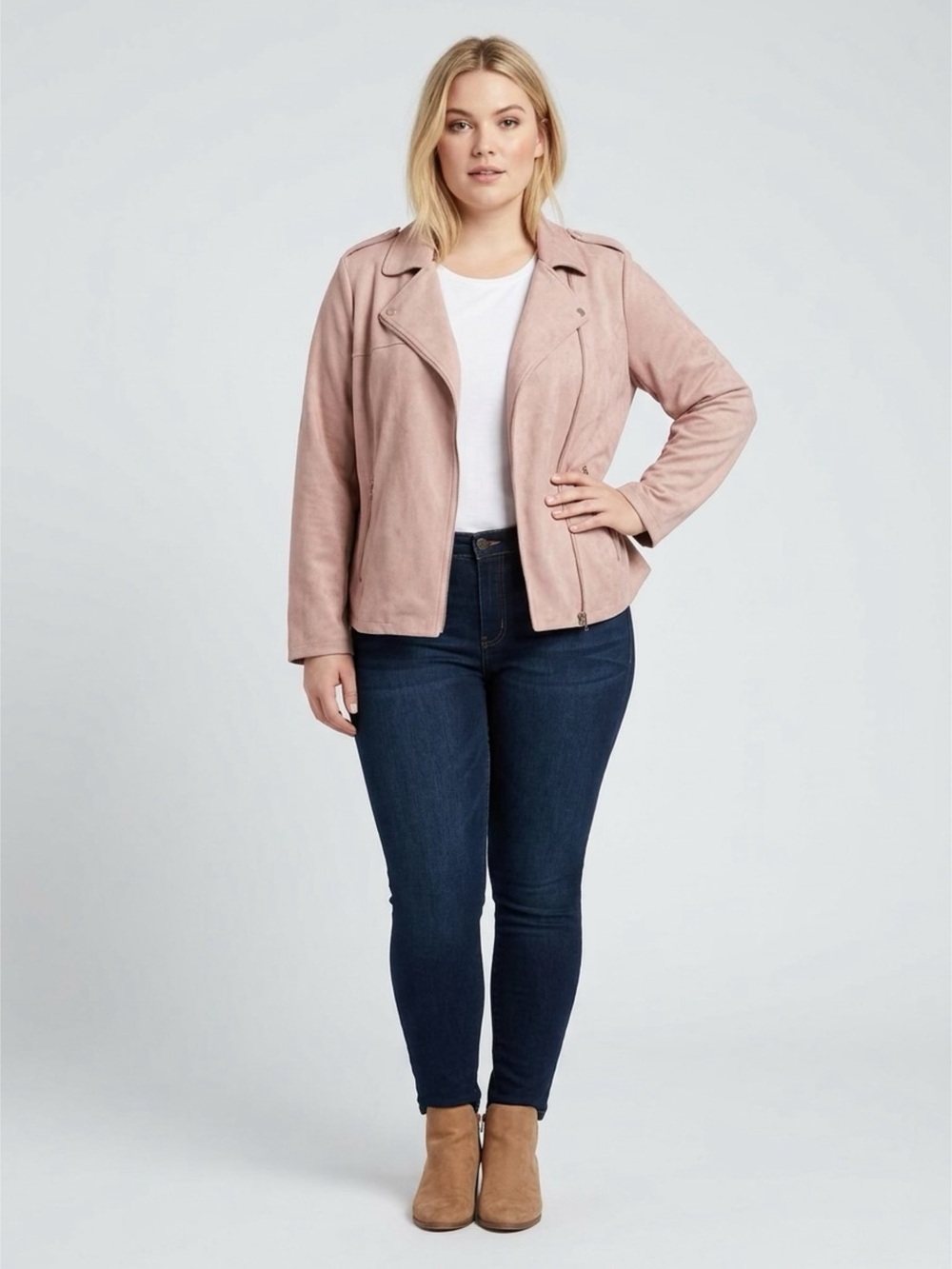 Tahari Women’s Blush Pink Faux Suede Leather Moto Jacket Zip Pockets Stretch